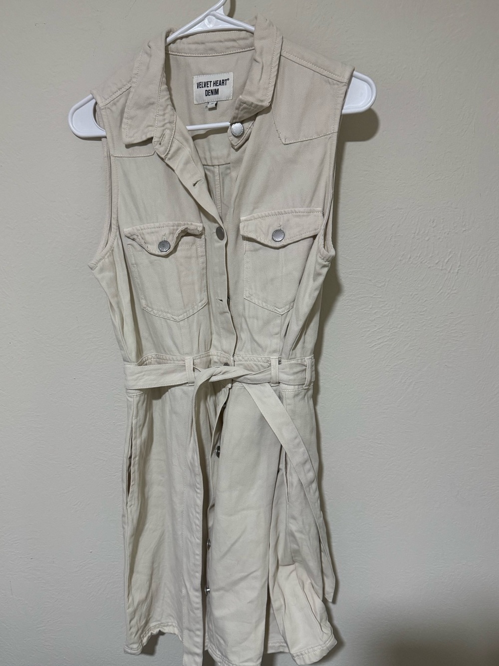 Velvet Heart Denim Sleeveless Utility Dress in Light Beige